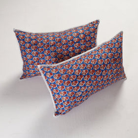 BuySanganeri Block Printed Cotton Pillow Cover With Lace (26 x 16 in) - Set of 2 