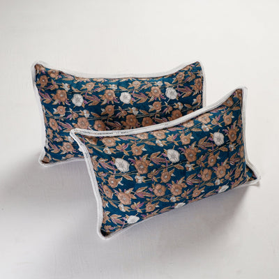  Sanganeri Block Printed Cotton Pillow Cover with Lace (26 x 16 in) - Set of 2 