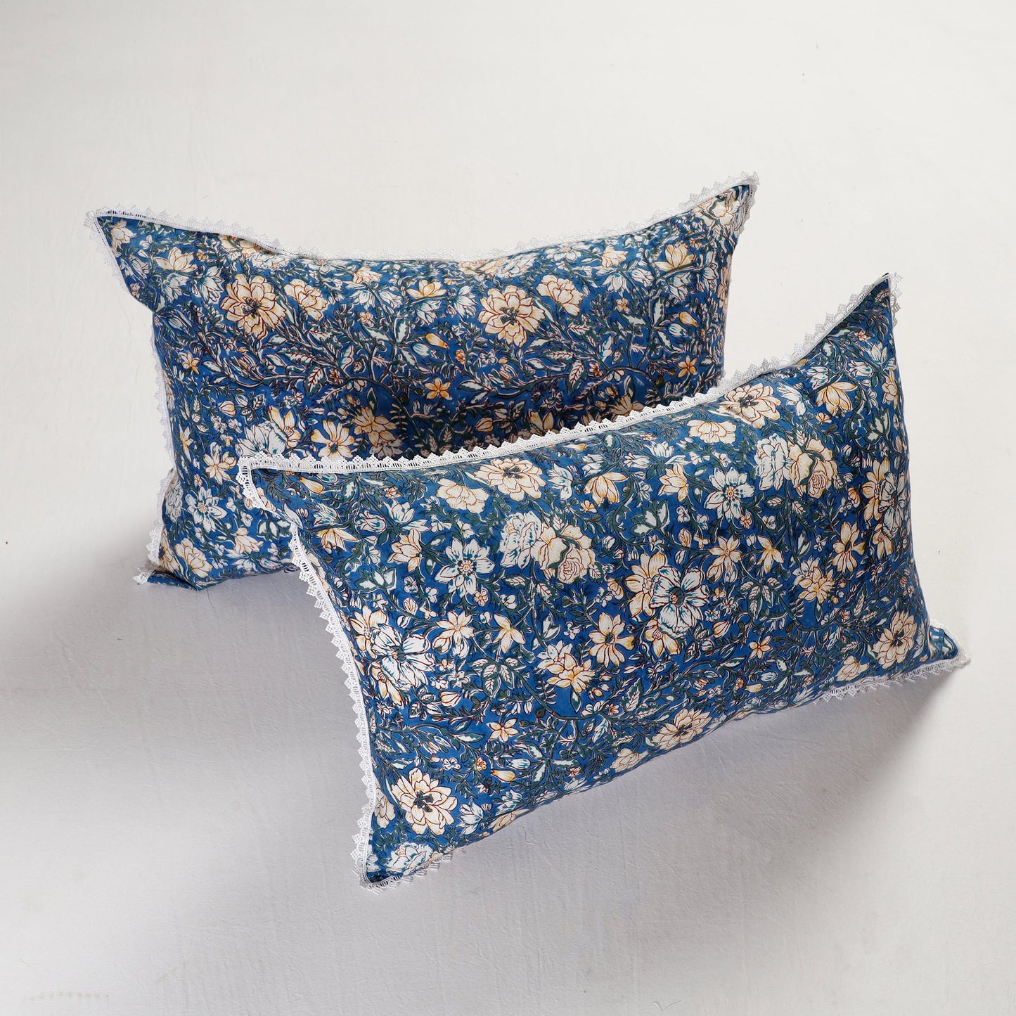 BuySanganeri Block Printed Cotton Pillow Cover With Lace (26 x 16 in) - Set of 2 