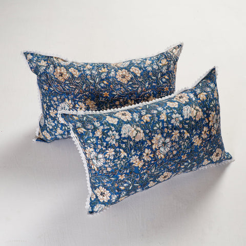 BuySanganeri Block Printed Cotton Pillow Cover With Lace (26 x 16 in) - Set of 2 