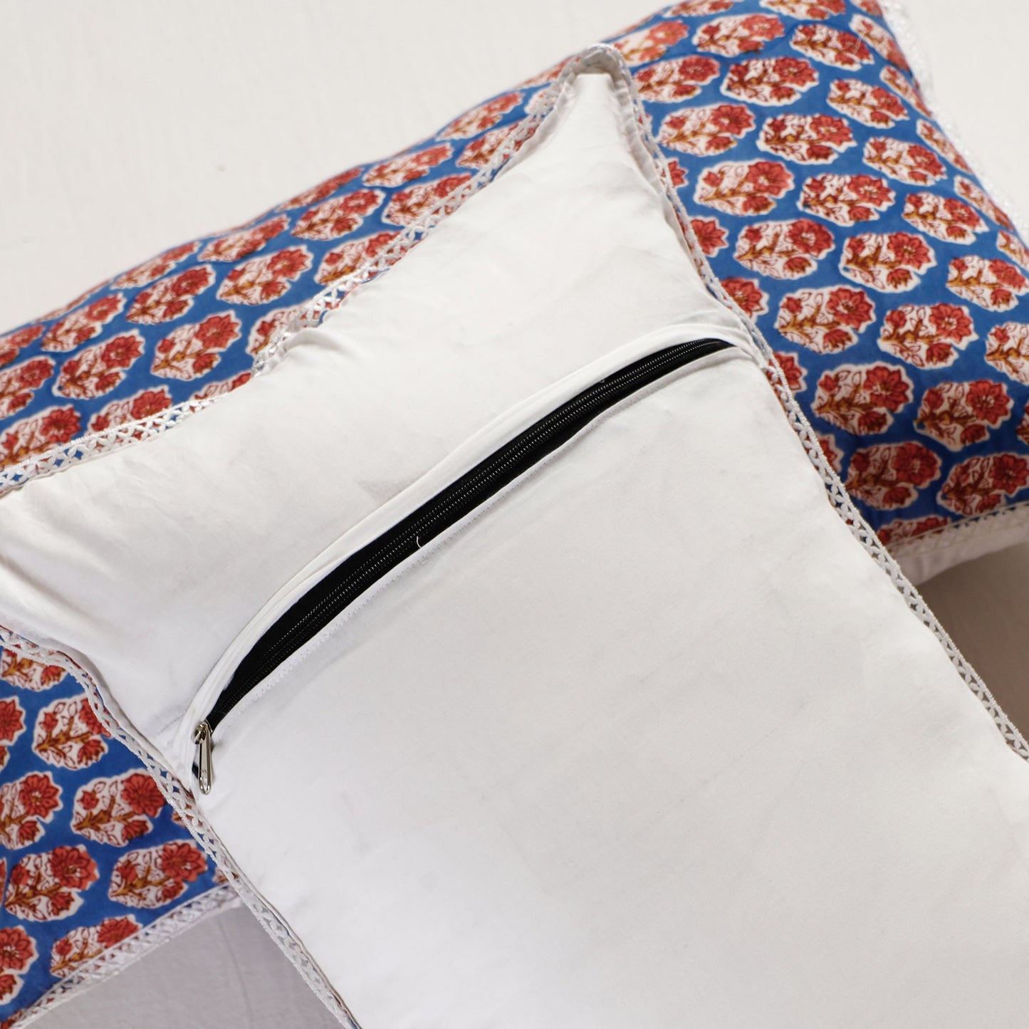 BuySanganeri Block Printed Cotton Pillow Cover With Lace (26 x 16 in) - Set of 2 