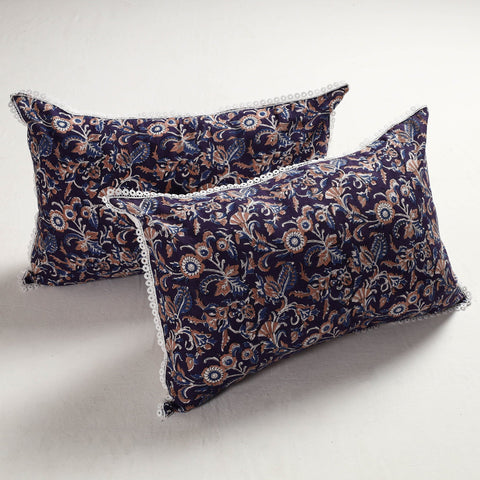  Sanganeri Block Printed Cotton Pillow Cover with Lace (28 x 18 in) - Set of 2 