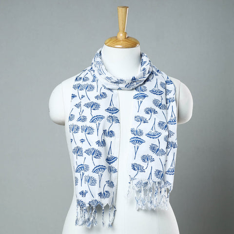 Buy Blue Sanganeri Block Printed Cotton Stole with Tassels 04