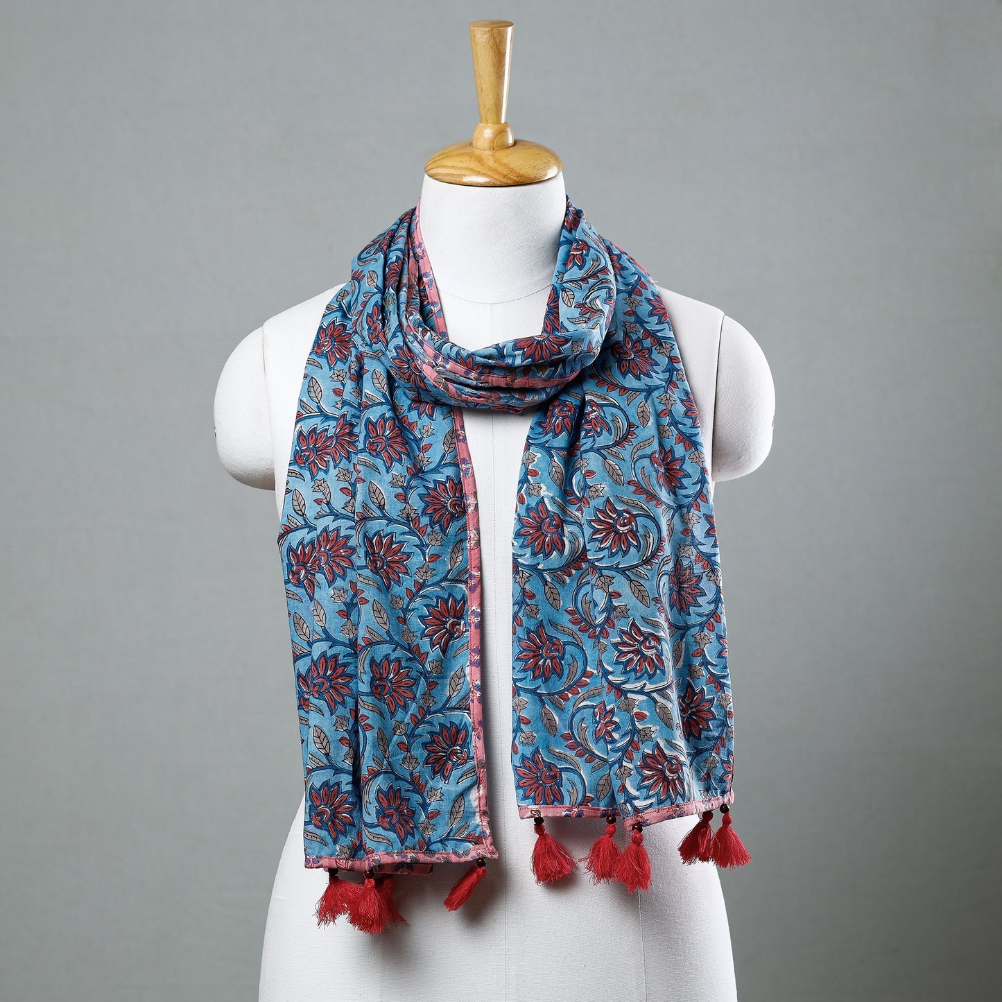 Blue - Sanganeri Block Printed Cotton Stole with Tassels