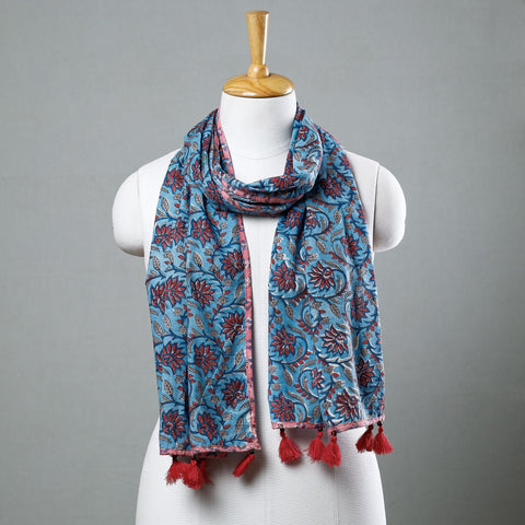 Blue - Sanganeri Block Printed Cotton Stole with Tassels