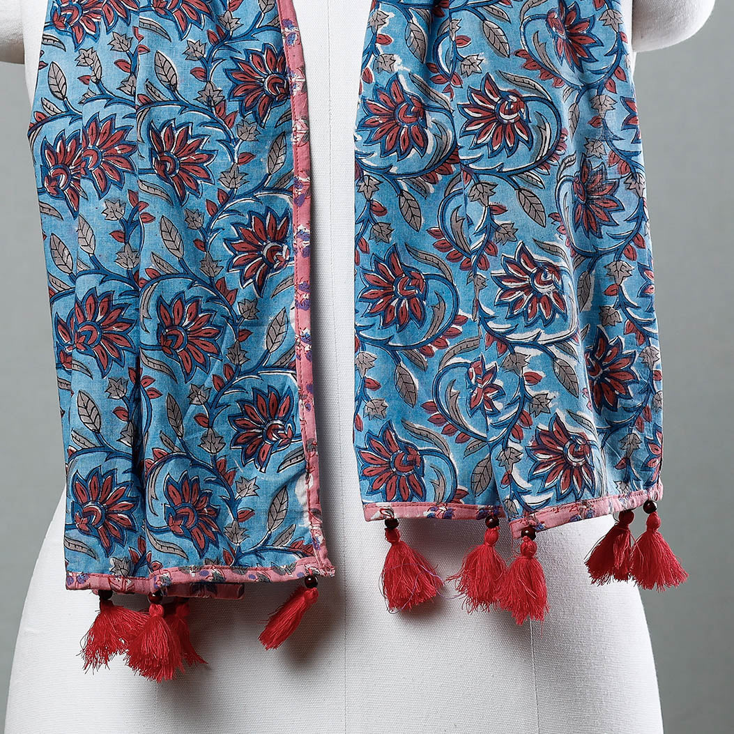 Blue - Sanganeri Block Printed Cotton Stole with Tassels