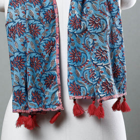 Blue - Sanganeri Block Printed Cotton Stole with Tassels