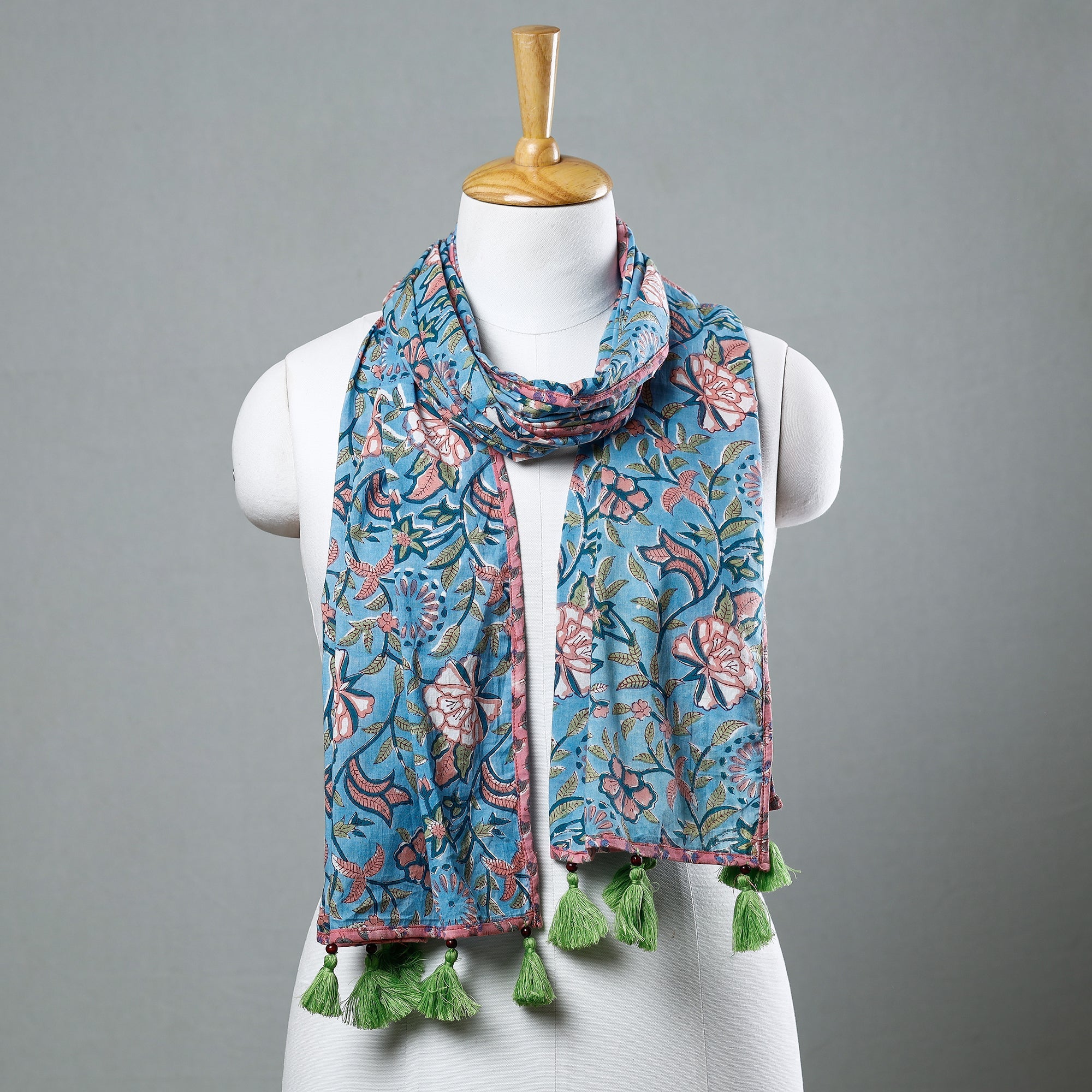 Peach - Block Print Cotton Sanganeri Stole with Tassels 09 main image 1