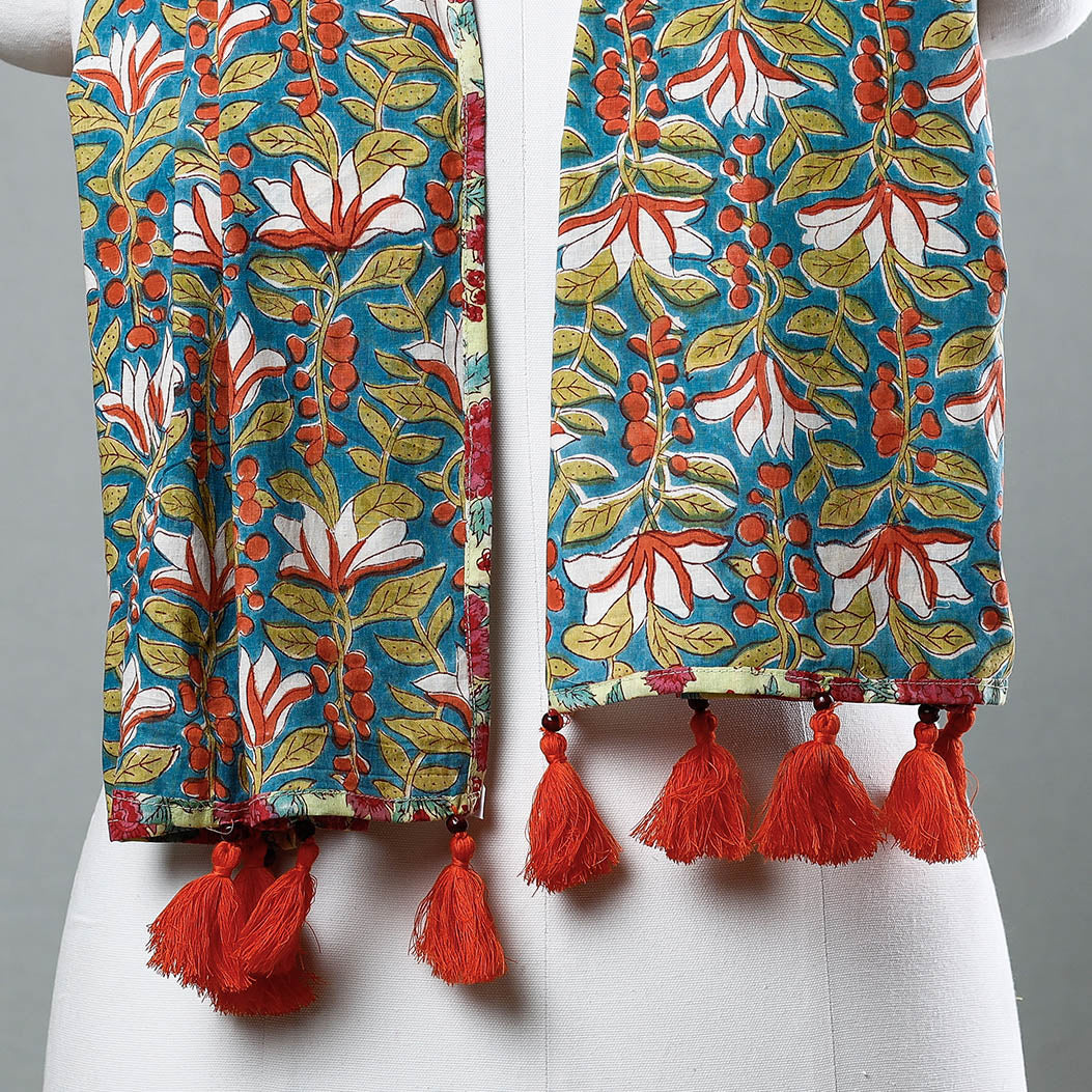 Green - Sanganeri Block Printed Cotton Stole with Tassels