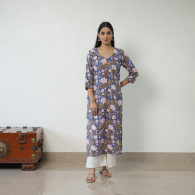  Blue Sanganeri Block Printed Cotton Straight Kurta