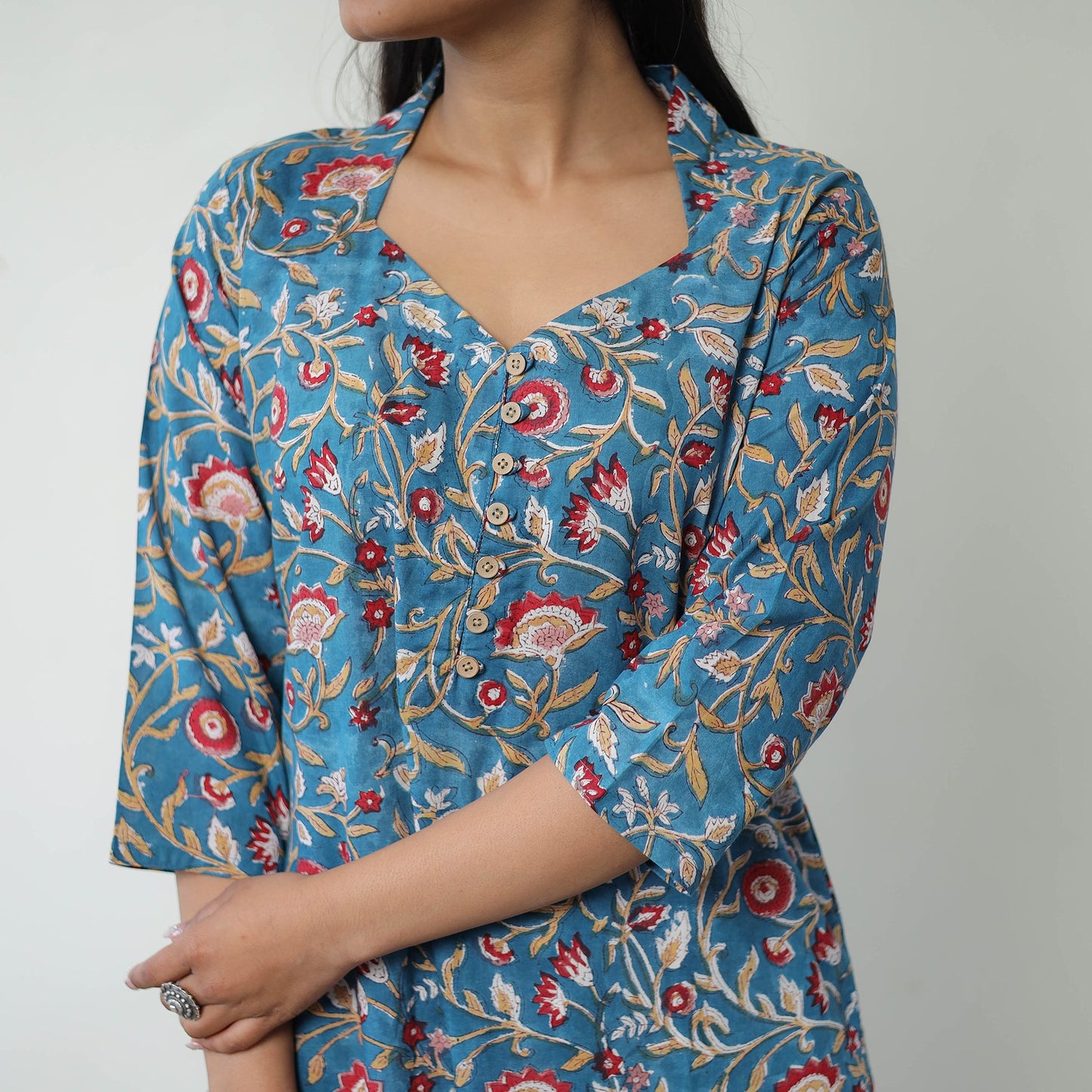 Buy Blue Sanganeri Block Printed Cotton Straight Kurta for Women