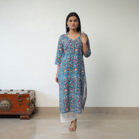 Buy Blue Sanganeri Block Printed Cotton Straight Kurta for Women