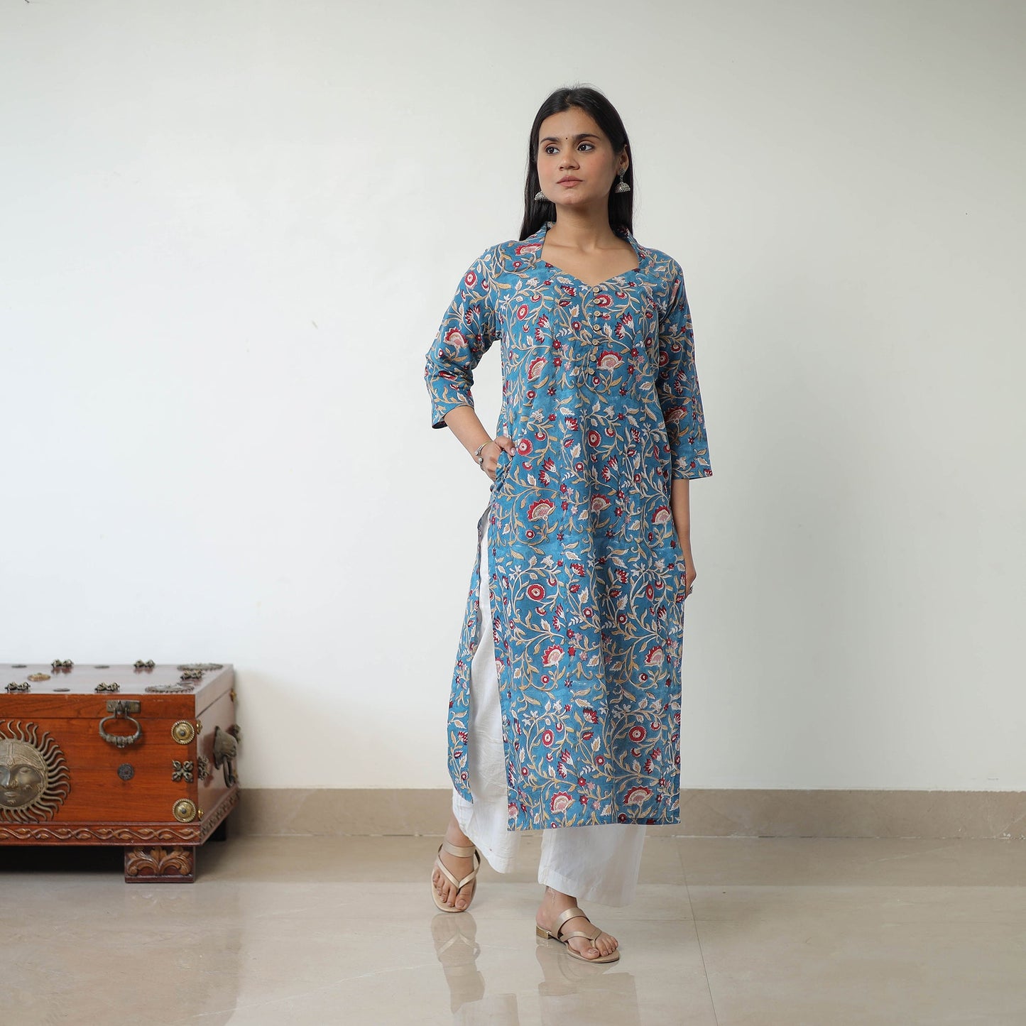 Buy Blue Sanganeri Block Printed Cotton Straight Kurta for Women