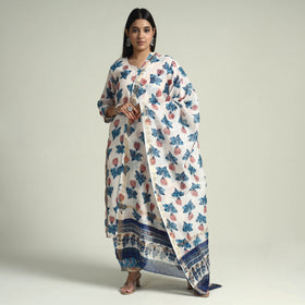 Blue - Sanganeri Block Printed Maheshwari Silk Kurta with Palazzo & Dupatta Set