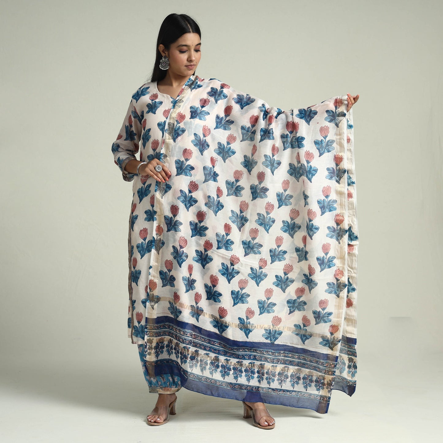 Blue - Sanganeri Block Printed Maheshwari Silk Kurta with Palazzo & Dupatta Set