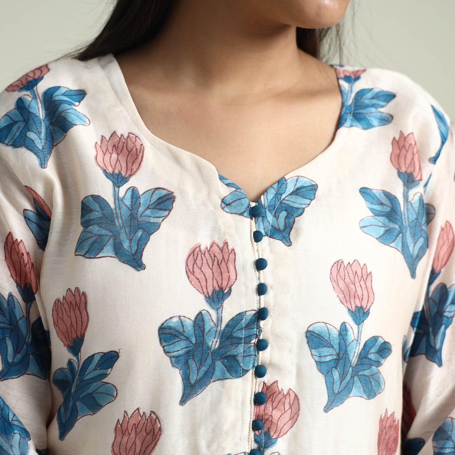 Blue - Sanganeri Block Printed Maheshwari Silk Kurta with Palazzo & Dupatta Set