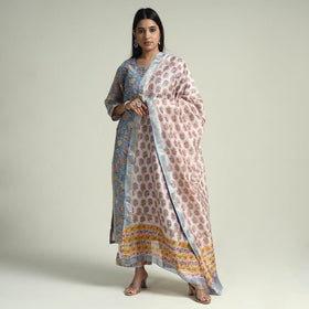  Sanganeri Block Printed Maheshwari Silk Kurta with Palazzo & Dupatta Set 