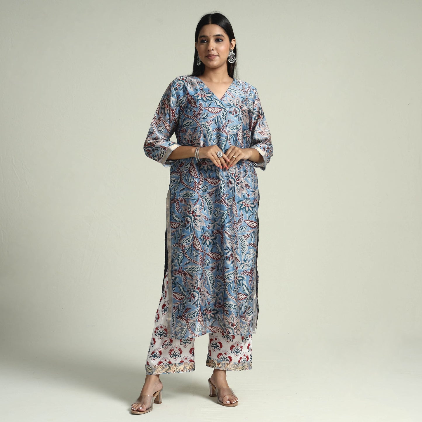  Sanganeri Block Printed Maheshwari Silk Kurta with Palazzo & Dupatta Set Online at iTokri.com
