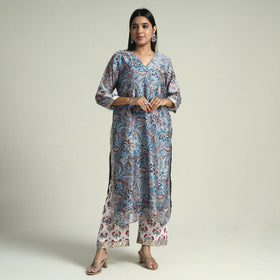  Sanganeri Block Printed Maheshwari Silk Kurta with Palazzo & Dupatta Set Online at iTokri.com