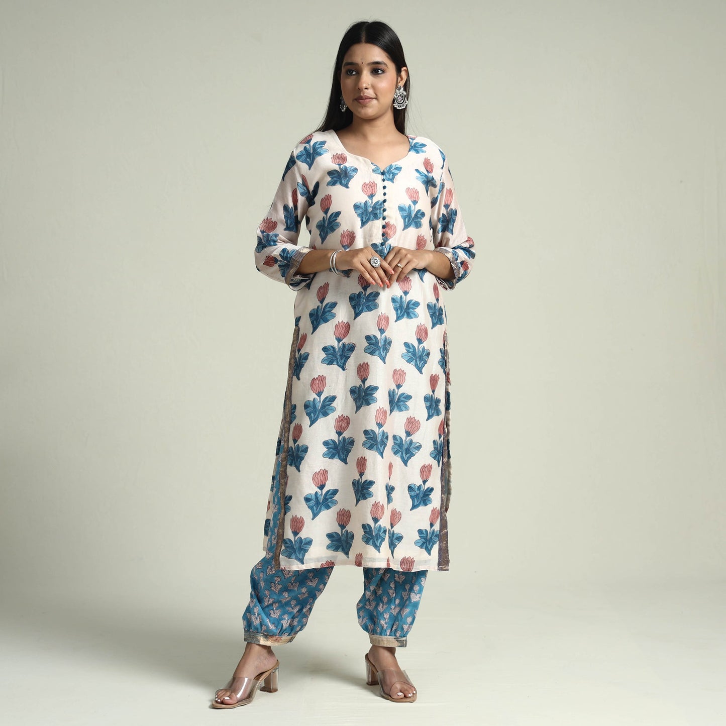 Blue - Sanganeri Block Printed Maheshwari Silk Kurta with Palazzo & Dupatta Set