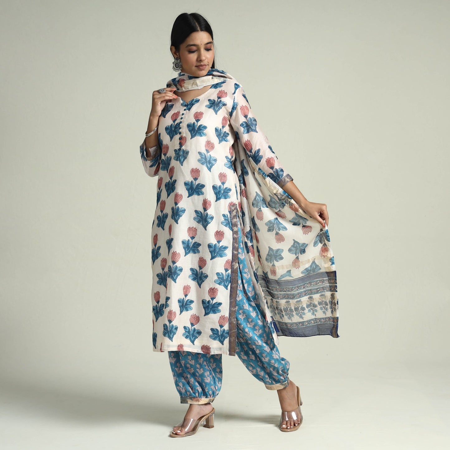 Blue - Sanganeri Block Printed Maheshwari Silk Kurta with Palazzo & Dupatta Set