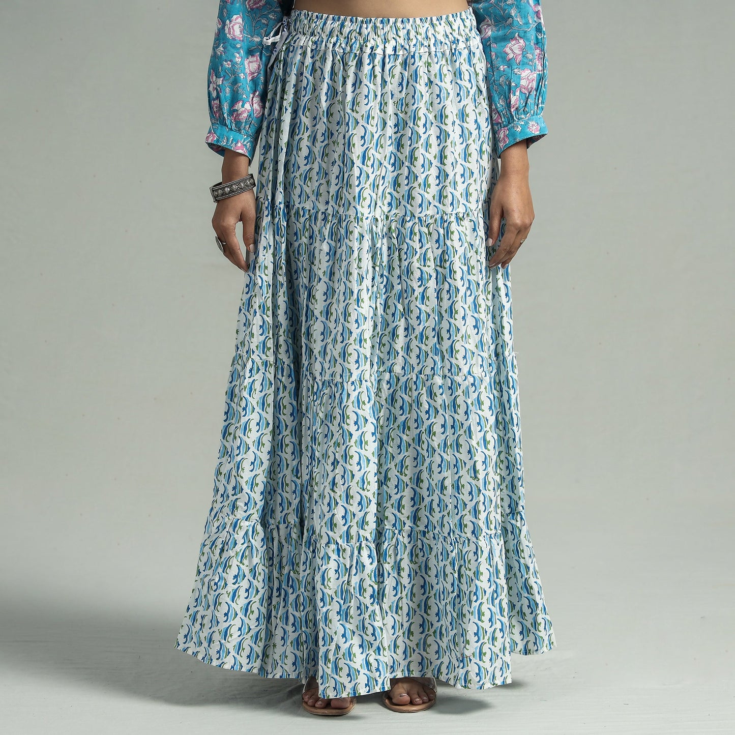 Blue Sanganeri Block Printed Tiered Cotton Long Skirt