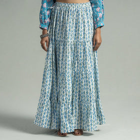 Blue Sanganeri Block Printed Tiered Cotton Long Skirt