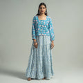 Blue Sanganeri Block Printed Tiered Cotton Long Skirt