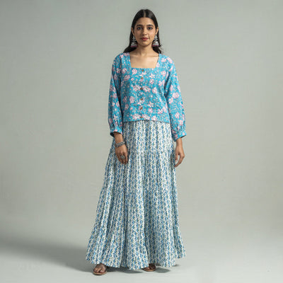 Blue Sanganeri Block Printed Tiered Cotton Long Skirt