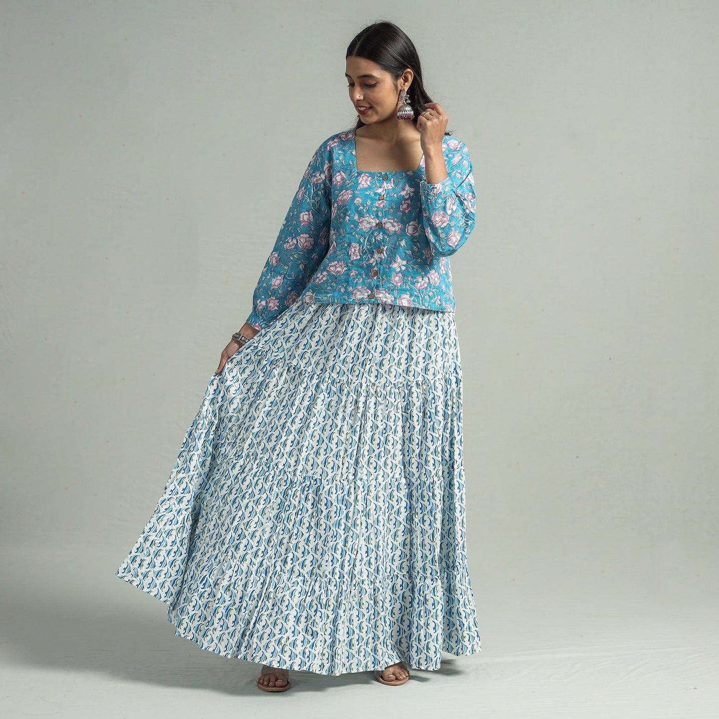 Blue Sanganeri Block Printed Tiered Cotton Long Skirt