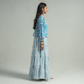 Blue Sanganeri Block Printed Tiered Cotton Long Skirt