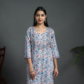  Blue Sequins Work Cotton Straight Sanganeri Print Kurta for Women