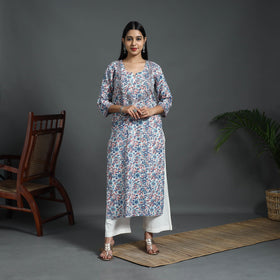  Blue Sequins Work Cotton Straight Sanganeri Print Kurta for Women