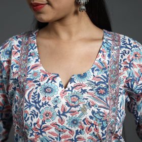  Blue Sequins Work Cotton Straight Sanganeri Print Kurta for Women