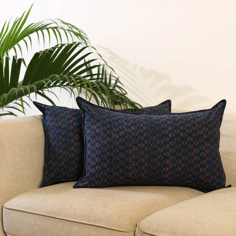 Buy Set of 2 Blue Ajrakh Block Print Cotton Pillow Covers