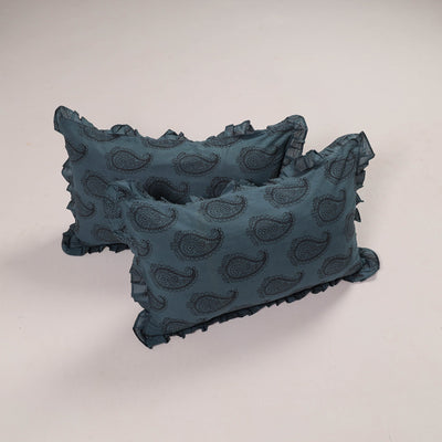  Set of 2 Blue Handcrafted Cotton Frill Pillow Covers