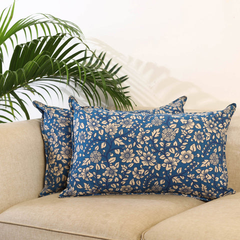 Buy Set of 2 Blue Kalamkari Print Cotton Pillow Covers