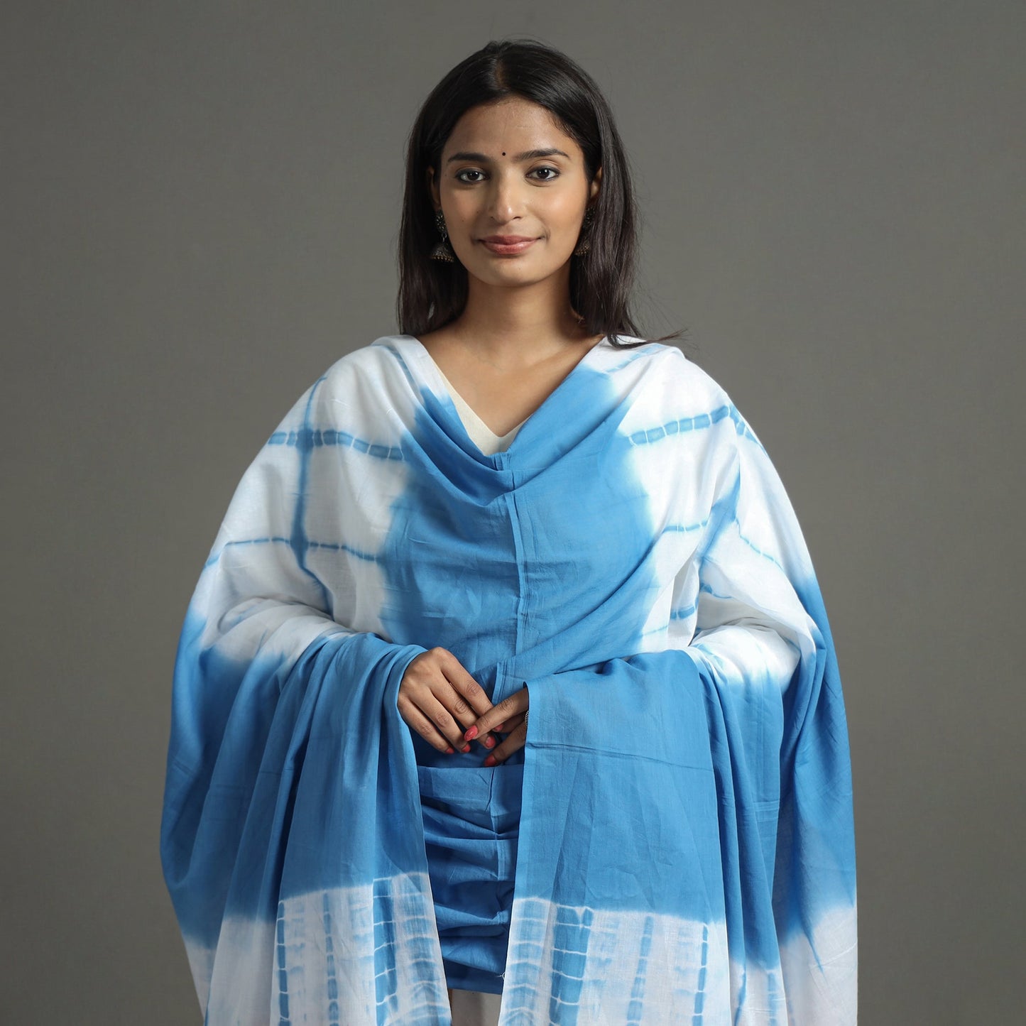 Blue - shibori tie-dye cotton dupatta with tassels 82