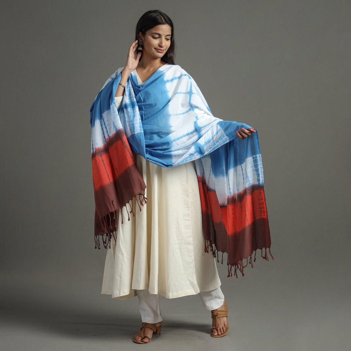 Blue - shibori tie-dye cotton dupatta with tassels 82