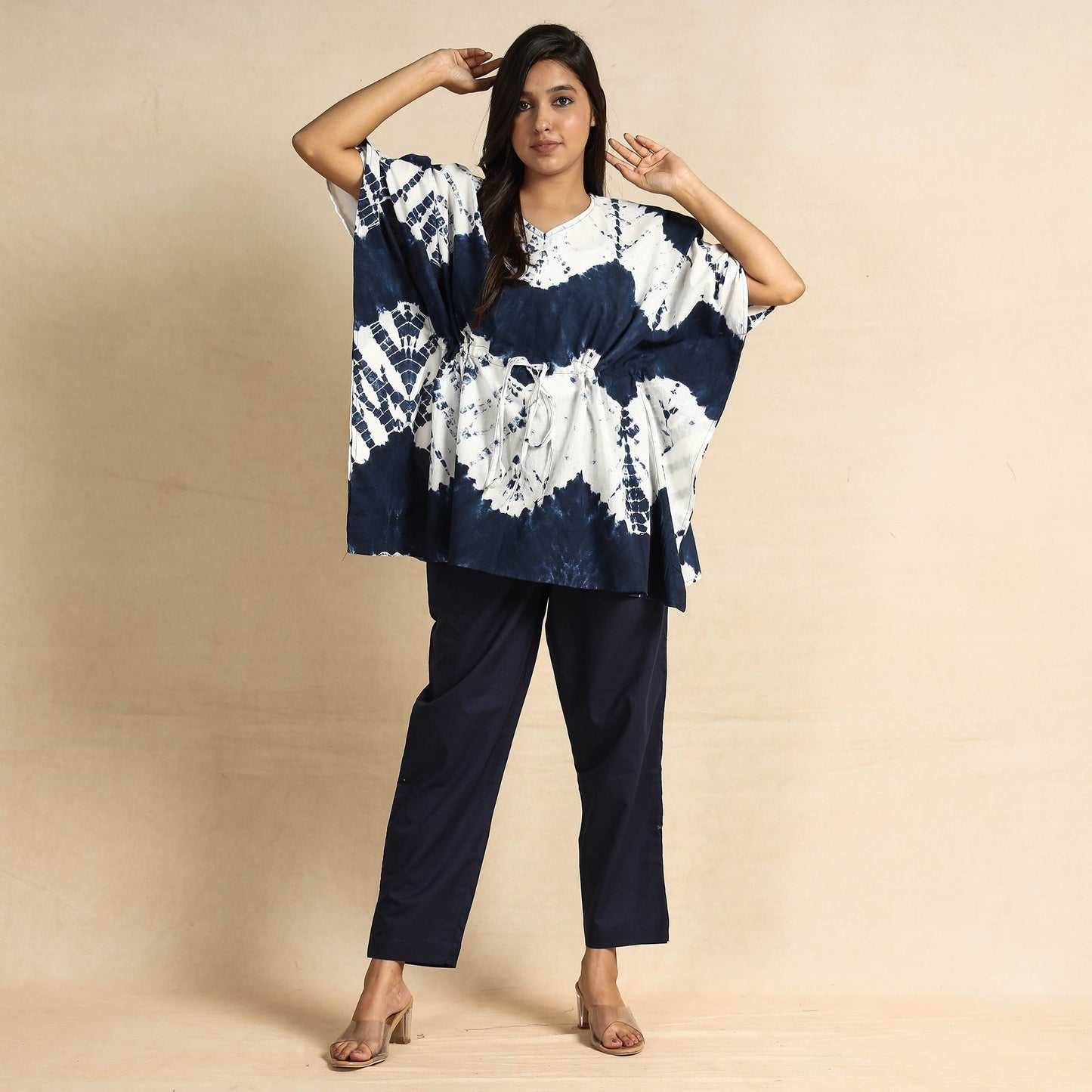Blue Shibori Tie-Dye Cotton Kaftan & Pyjama Night Suit Set 