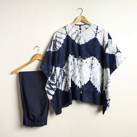 Blue Shibori Tie-Dye Cotton Kaftan & Pyjama Night Suit Set 