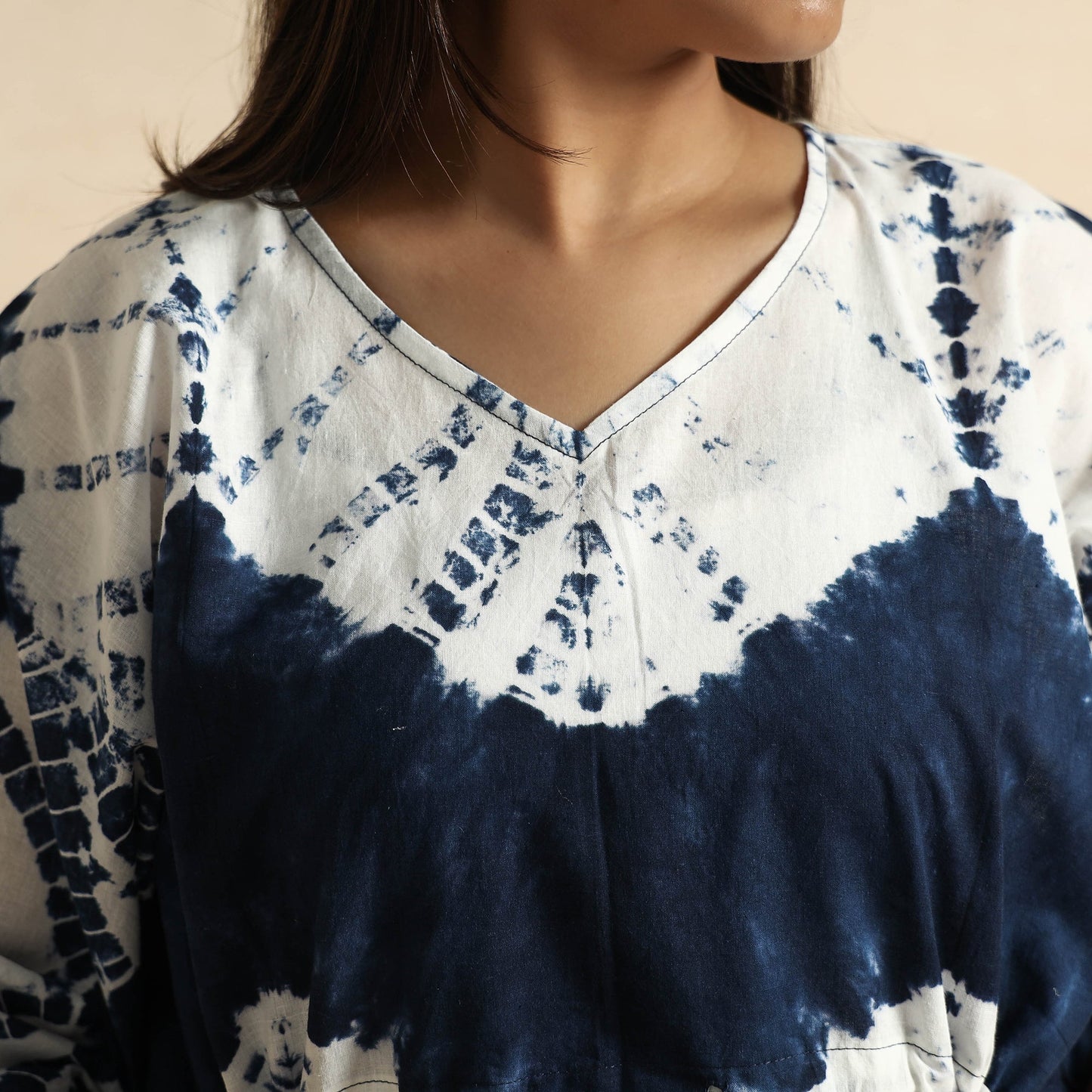 Blue Shibori Tie-Dye Cotton Kaftan & Pyjama Night Suit Set 