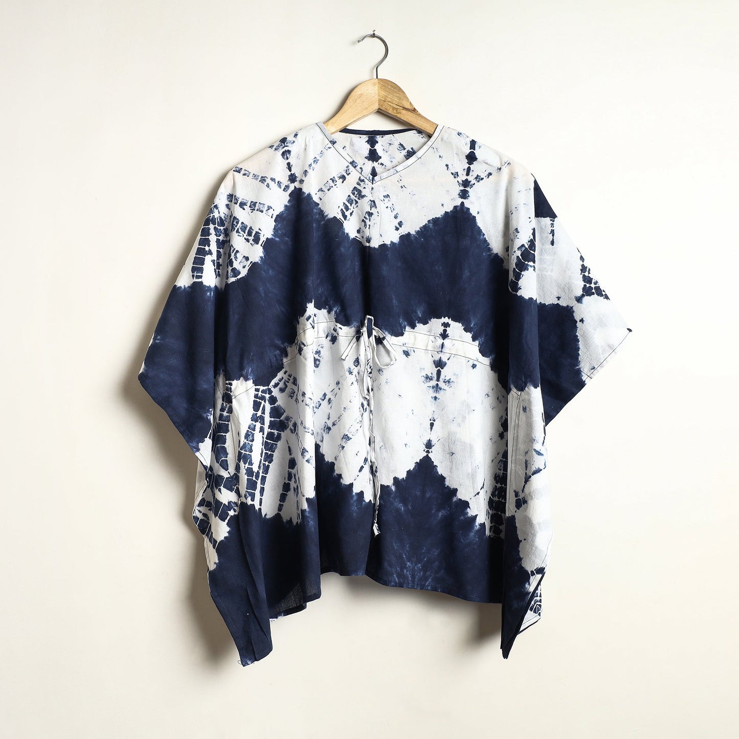 Blue Shibori Tie-Dye Cotton Kaftan & Pyjama Night Suit Set 