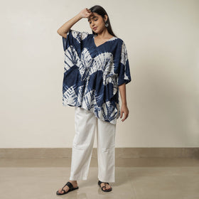 Blue Shibori Tie-Dye Cotton Kaftan & Pyjama Night Suit Set 