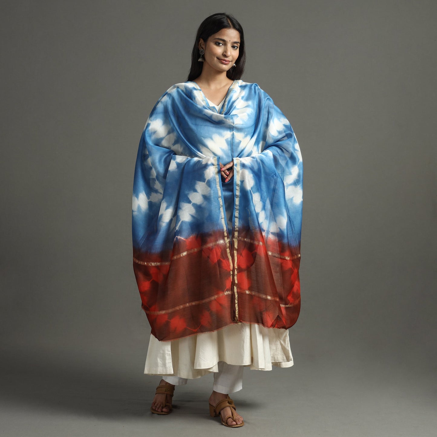 Buy Shibori Tie-Dye Handloom Chanderi Silk Dupatta with Zari Border 43 Online at iTokri.com
