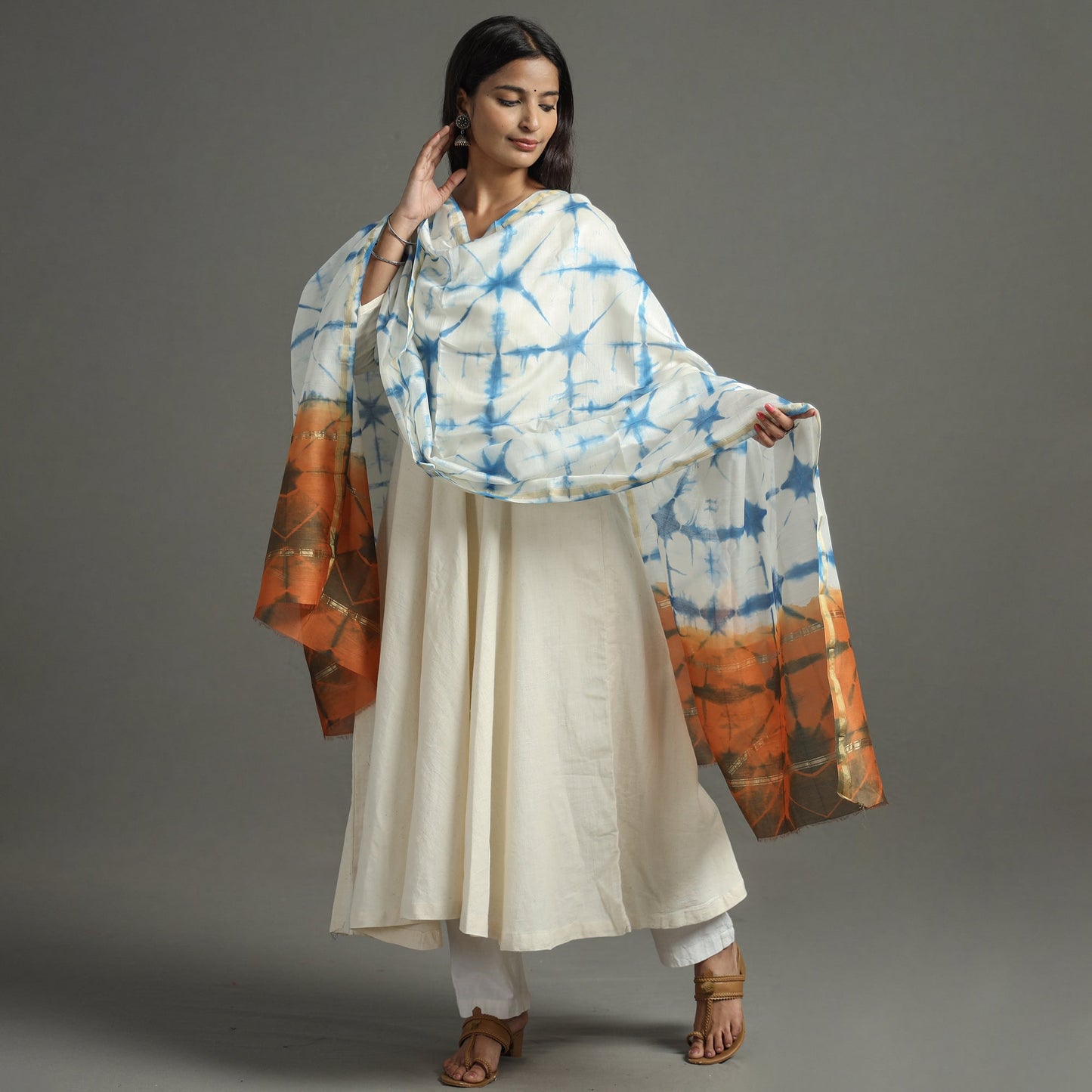 Buy Shibori Tie-Dye Handloom Chanderi Silk Dupatta with Zari Border 66 Online at iTokri.com
