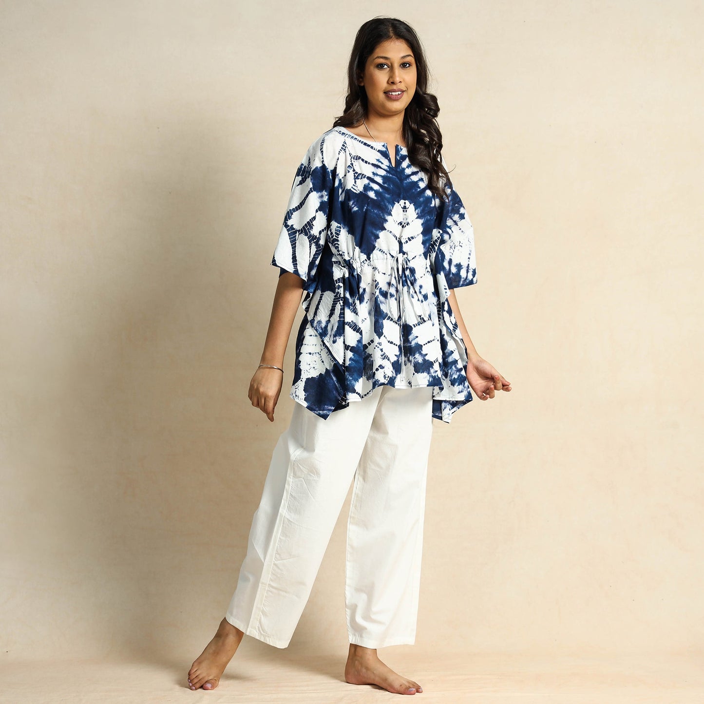 Blue Hand Block Print Kaftan & Pyjama Night Suit Set 