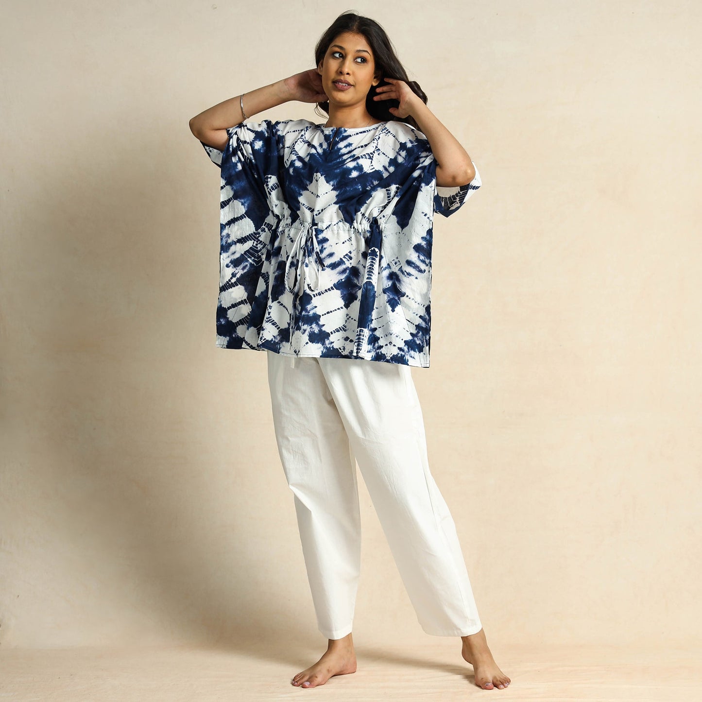 Blue Hand Block Print Kaftan & Pyjama Night Suit Set 