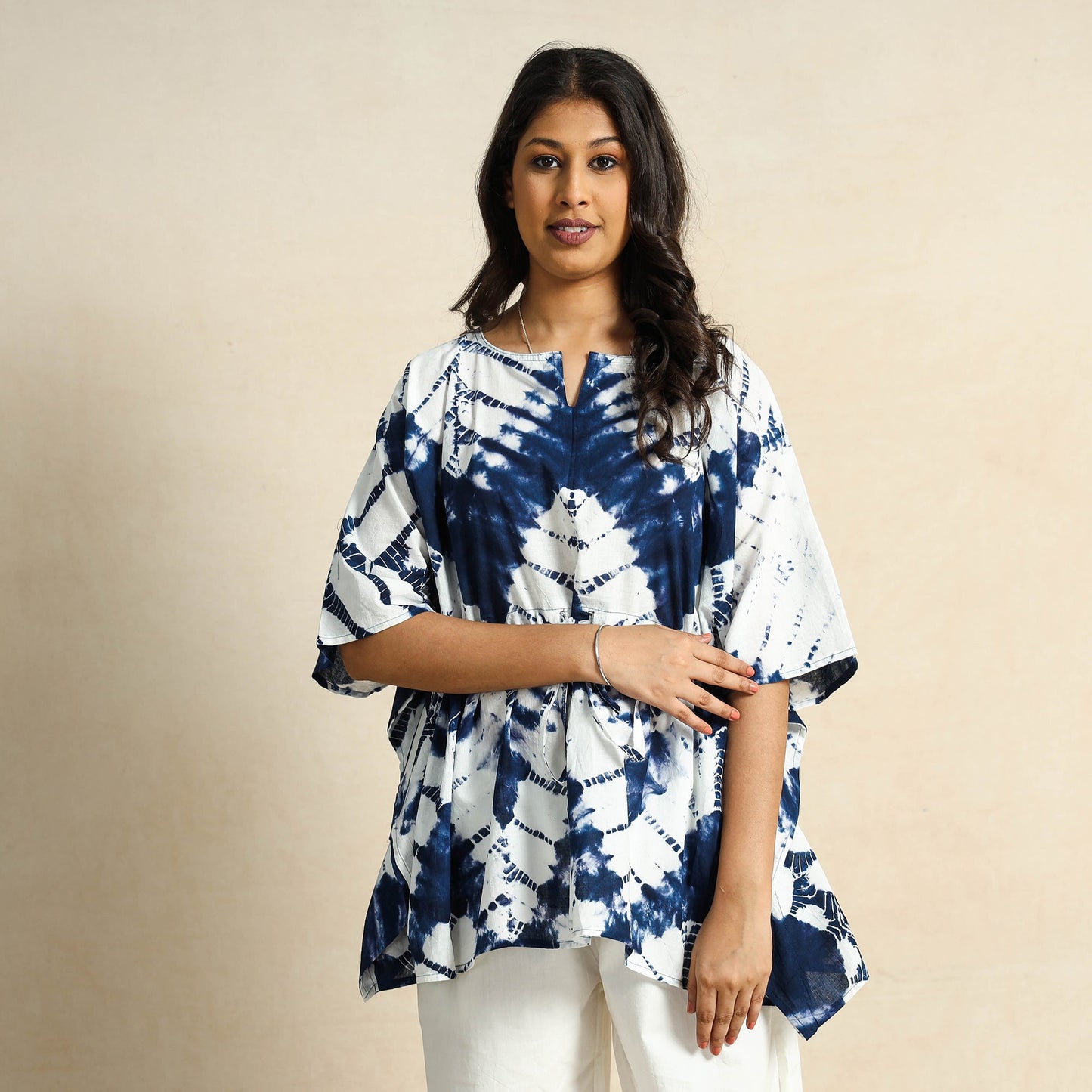 Blue Hand Block Print Kaftan & Pyjama Night Suit Set 