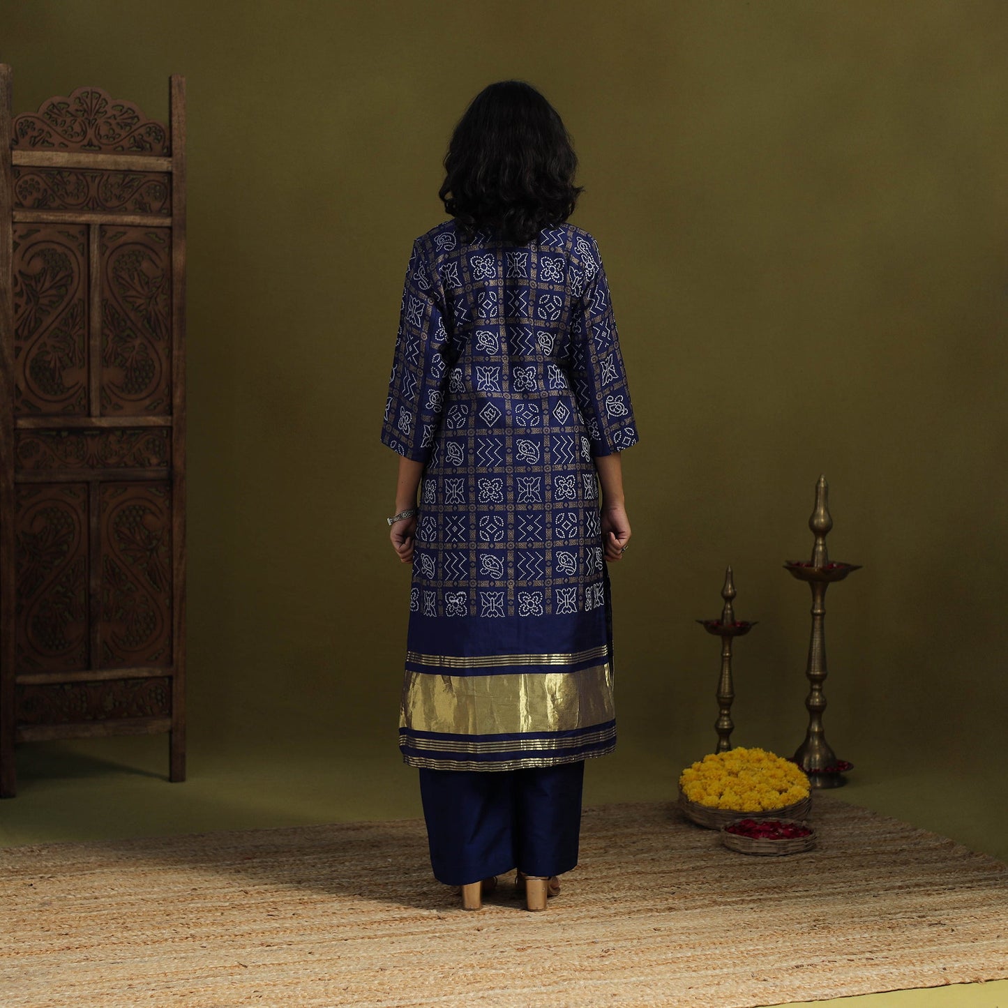 Blue - silk bandhani kurta set with lagdi patta (set of 2)